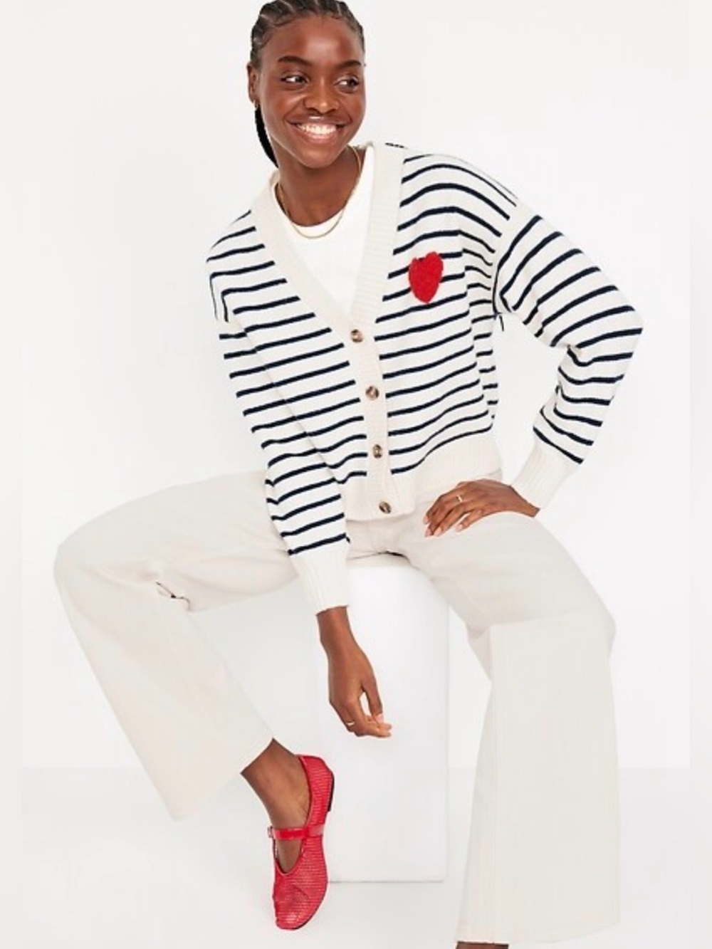 GAP SO SOFT CARDIGAN NAVY BLUE STRIPES/RED HEART XXL